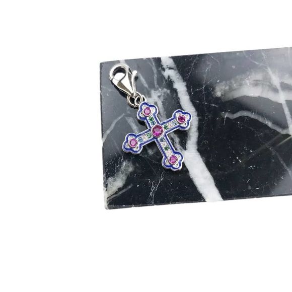 925 Sterling Silver Edwardian Multi-Color Round Crystal Cross Charm - Picture 4 of 4